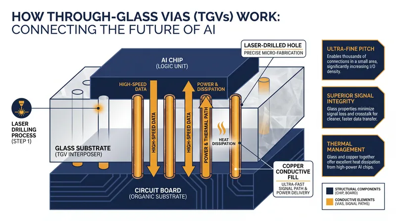 Through-Glass Vias (TGVs) allow for microscopic electrical connections that are significantly denser than mechanically drilled holes in plastic.