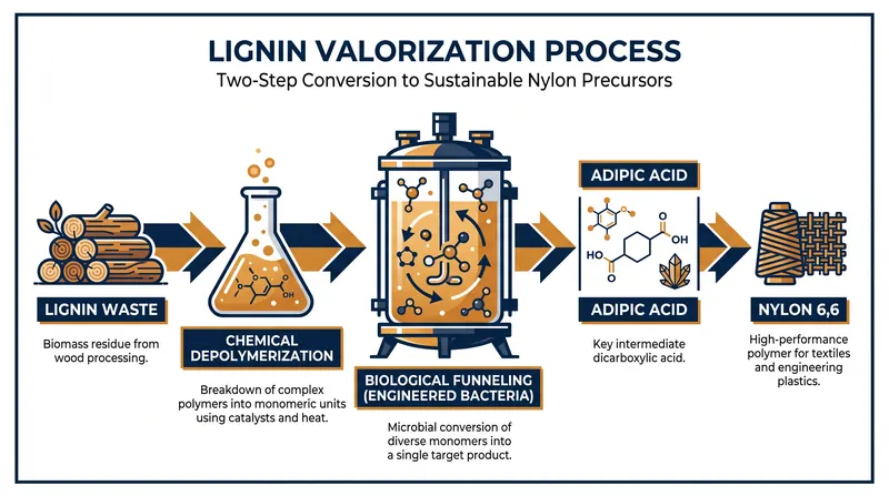 The two-stage hybrid redox process uses chemical catalysis to break down lignin, followed by engineered bacteria to funnel the fragments into adipic acid.