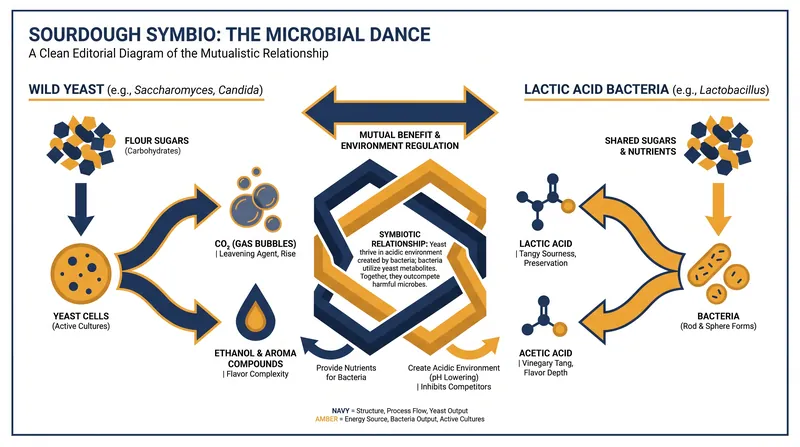 Wild yeast provides the leavening power, while lactic acid bacteria drive the flavor profile.