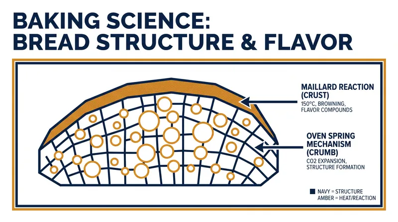 The Maillard reaction transforms the crust, while expanding gases create the airy crumb.