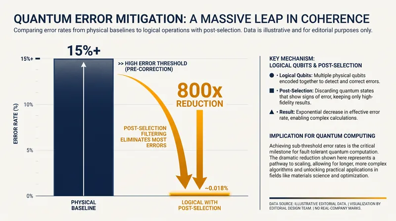 By detecting errors and discarding corrupted runs, researchers achieved up to an 800-fold reduction in logical error rates.