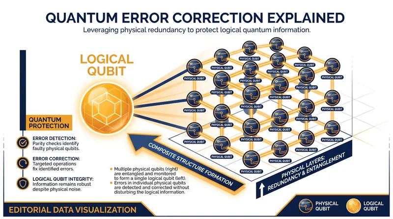 Quantum error correction protects information by encoding a single logical qubit across many physical qubits.