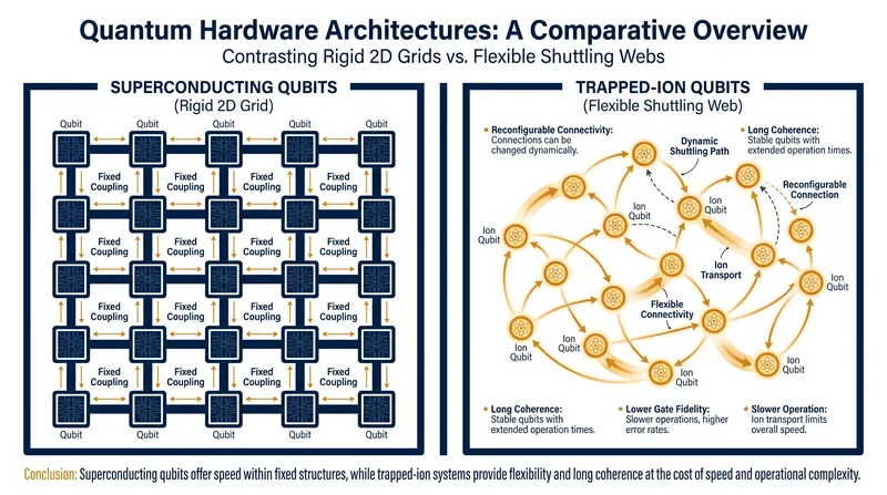 Unlike rigid superconducting grids, trapped-ion systems can physically shuttle qubits, allowing for complex, long-range error-correcting codes.
