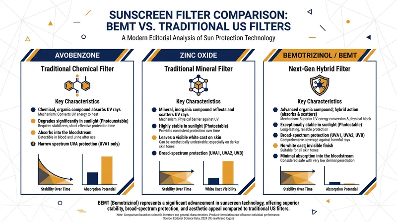 How bemotrizinol compares to the two most common UV filters currently used in the United States.