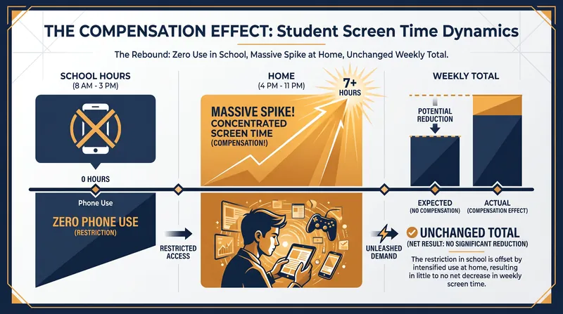 The 'Compensation Effect' explains why school bans often fail to reduce a student's total weekly screen time.