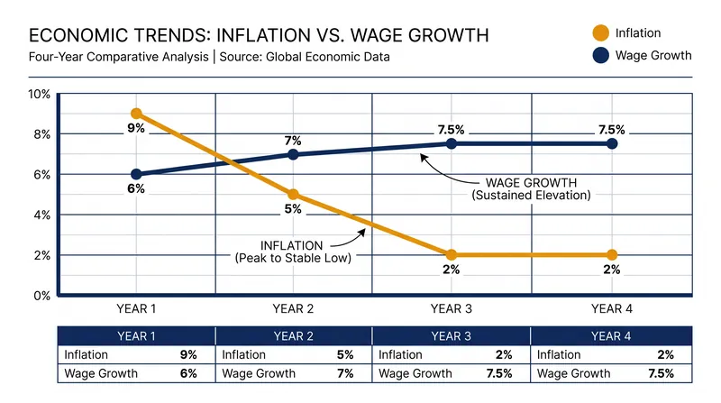 The crossover point: Wage growth has remained elevated even as inflation plummeted, restoring purchasing power.