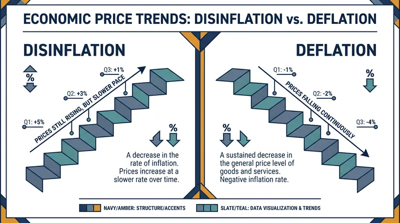 Disinflation means prices are rising more slowly, whereas deflation means prices are actively falling.