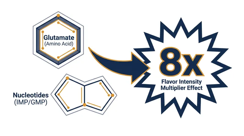 When glutamates combine with nucleotides, the perceived savory flavor multiplies by up to eight times.