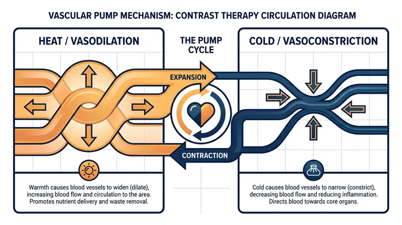 Alternating heat and cold creates a vascular pumping effect that flushes metabolic waste from muscle tissue.