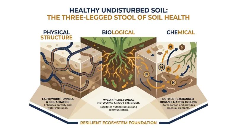 The microscopic infrastructure of healthy soil is easily destroyed by mechanical tilling.
