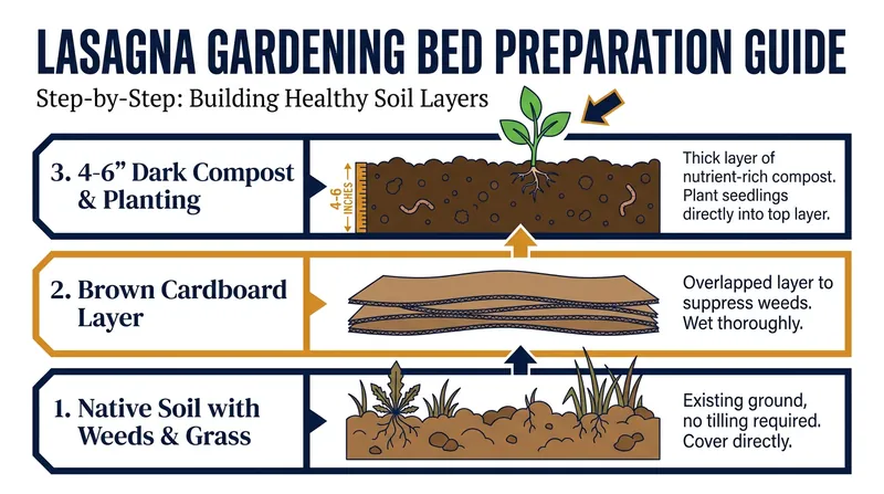 Converting a lawn to a no-dig bed involves smothering existing vegetation with cardboard and planting directly into a fresh layer of compost.