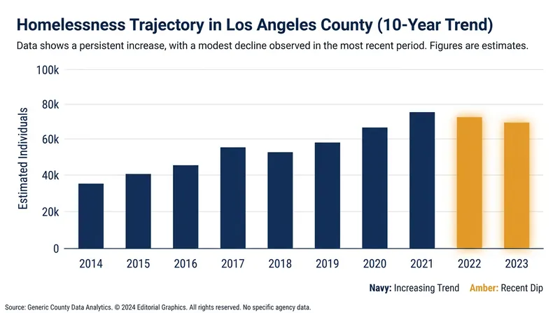 While homelessness in Los Angeles has surged over the past decade, local officials point to slight declines in 2024 and 2025.
