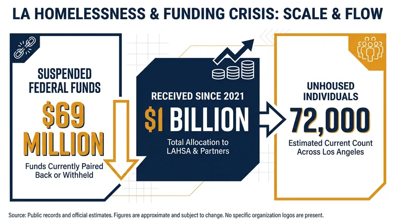 The financial scope of the federal suspension and the ongoing crisis in Los Angeles.