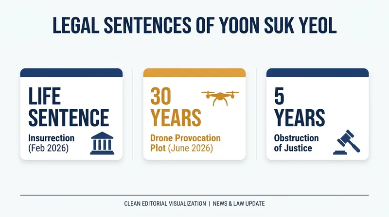 Yoon Suk Yeol's mounting legal penalties following his failed December 2024 martial law declaration.
