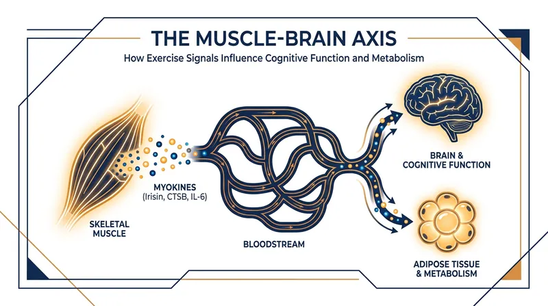 During exercise, contracting muscle fibers release signaling molecules that travel to distant organs, including the brain.
