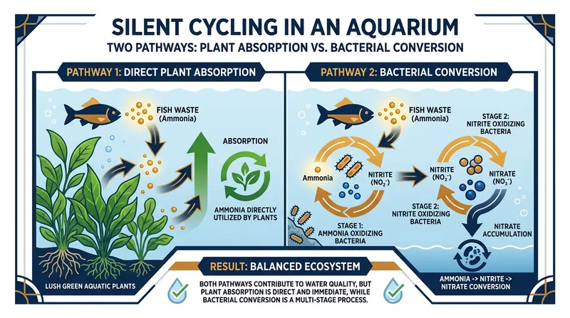 In a heavily planted tank, aquatic plants absorb toxic ammonia directly, bypassing the traditional bacterial nitrogen cycle.