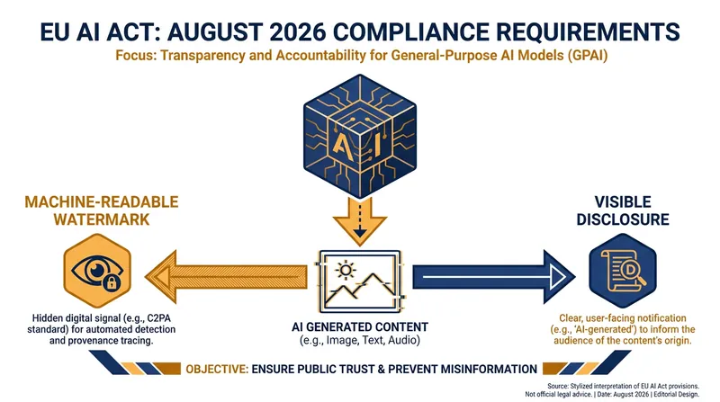 Starting in August 2026, the EU AI Act mandates strict watermarking and disclosure rules for all generative AI outputs.