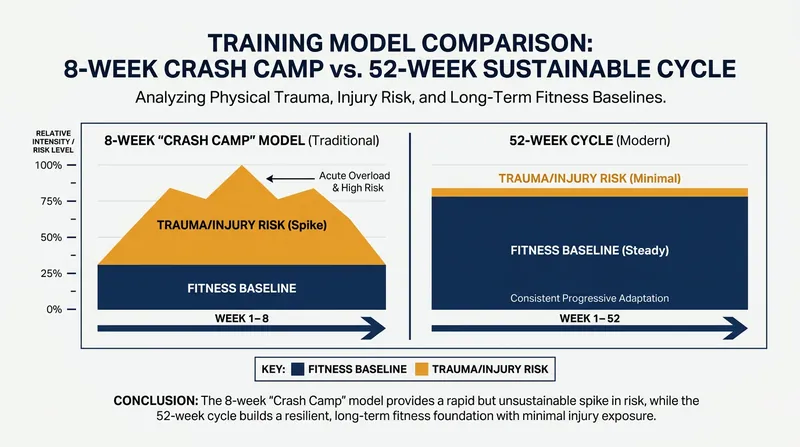 Sports scientists advocate for year-round conditioning to eliminate the injury-prone 'crash camp.'