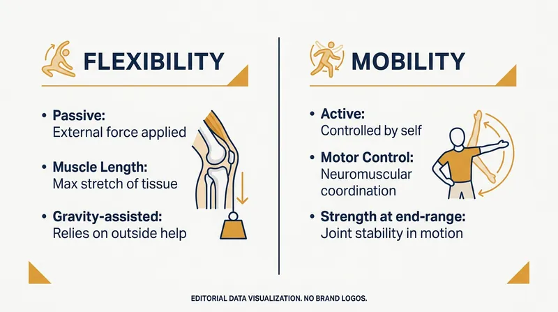 Flexibility is the passive ability to stretch, while mobility requires the strength to control that range of motion.