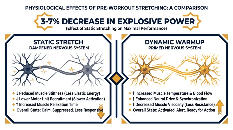 Prolonged static stretching temporarily relaxes the nervous system, reducing power output for explosive movements.
