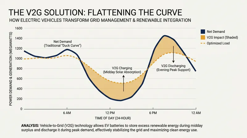 Vehicle-to-Grid (V2G) technology helps smooth the 'duck curve' by storing midday solar energy for evening use.