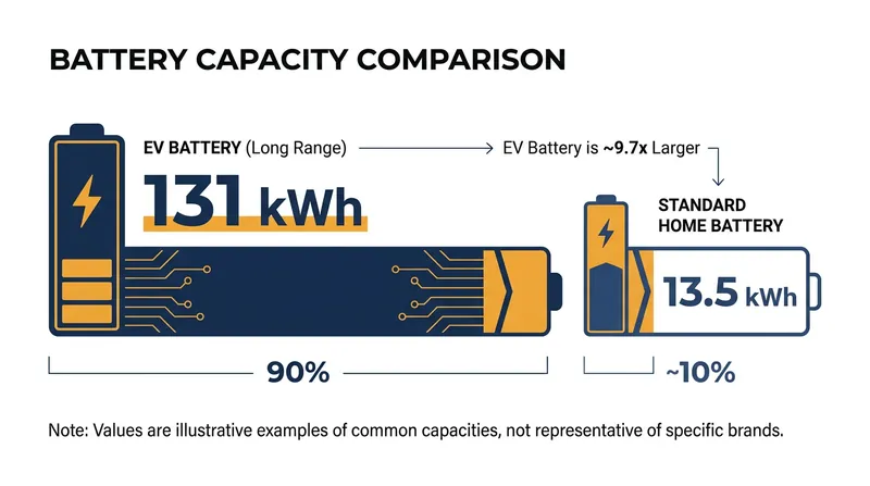 A modern electric vehicle holds nearly ten times the energy capacity of a standard residential wall battery.