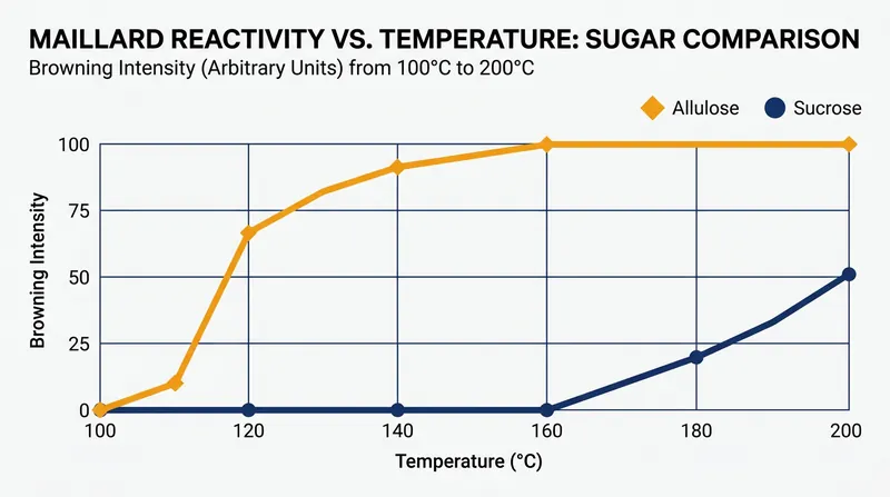 Allulose begins to caramelize at roughly 110°C (230°F), significantly lower than traditional table sugar.