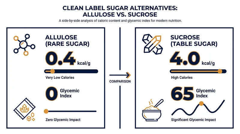 Despite behaving like sugar in the oven, allulose carries a fraction of the caloric density and zero glycemic impact.
