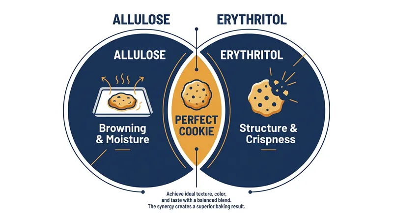 Food scientists frequently blend allulose with erythritol to balance moisture retention with structural crispness.