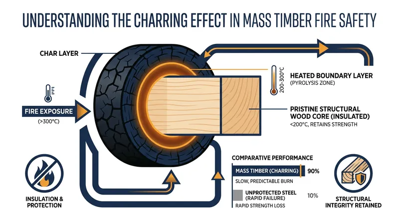 In a fire, mass timber forms a protective layer of char that insulates the structural core.