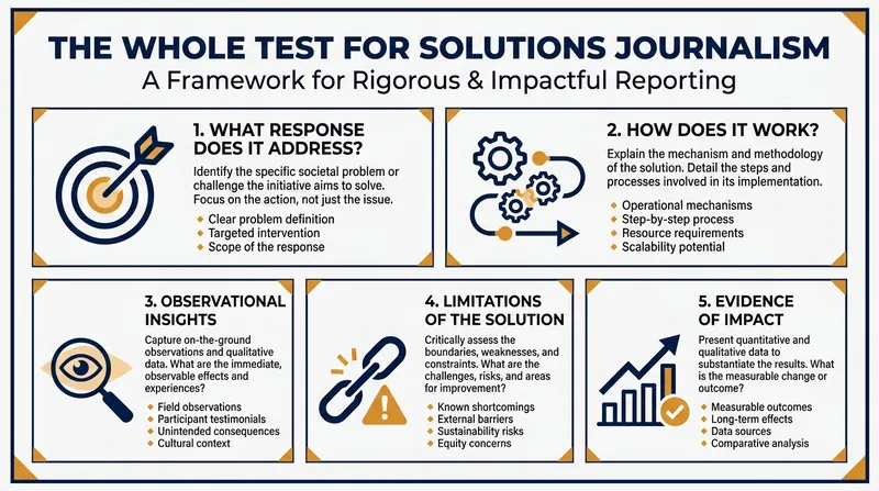 The 'WHOLE' framework ensures that solutions reporting maintains the same rigor as traditional investigative journalism.