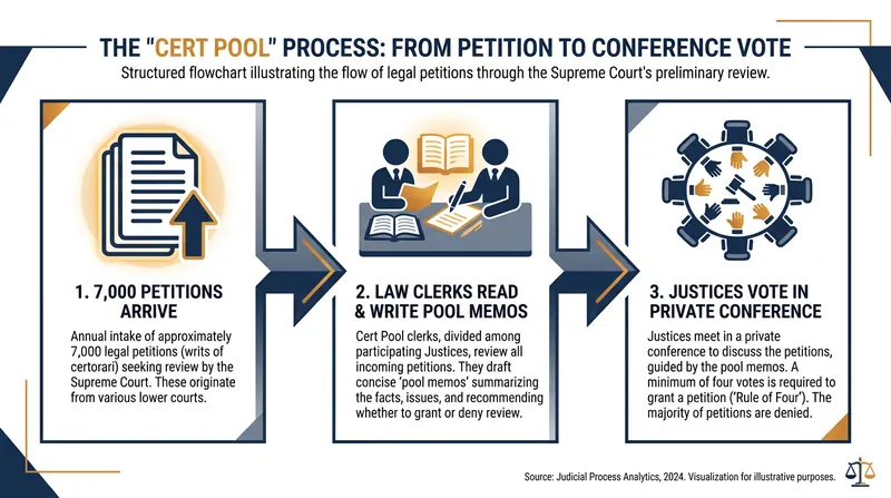 To manage the massive workload, most justices pool their law clerks to review incoming petitions and draft summary memos.