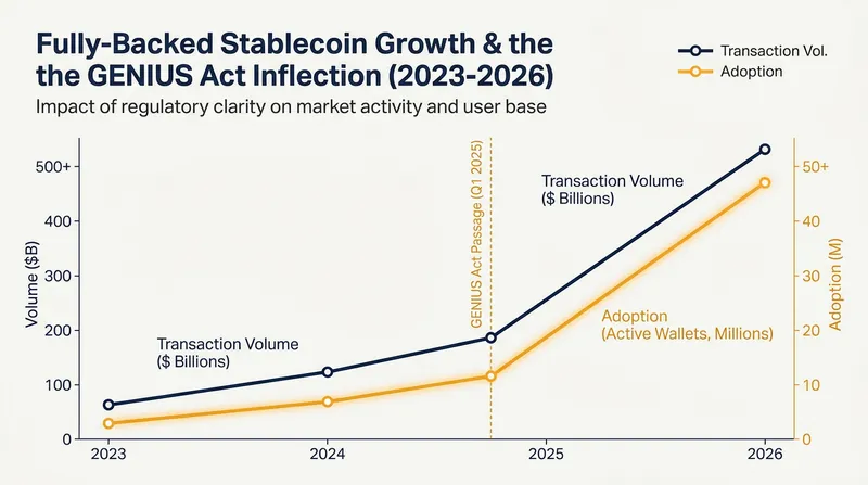 Stablecoin transaction volume surged following the regulatory clarity provided by the GENIUS Act.