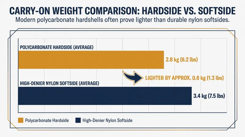 Modern polycarbonate materials have made hardside luggage surprisingly lighter than dense ballistic nylon.