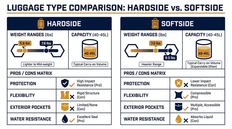 A side-by-side comparison of the core metrics and capabilities of hard and soft luggage.