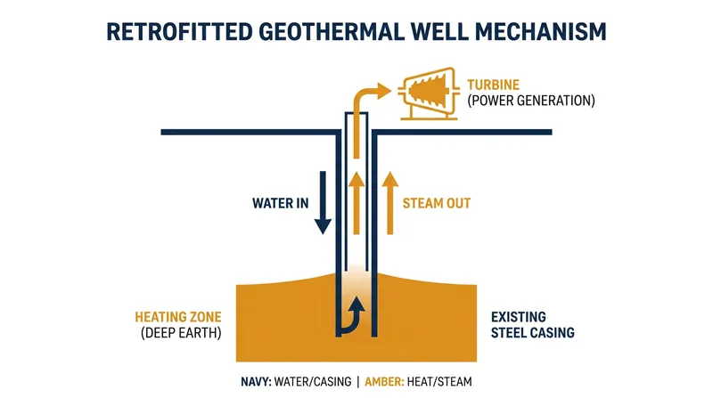 How it works: Fluid is pumped down the existing wellbore, heated by the Earth, and returned to the surface to generate power.