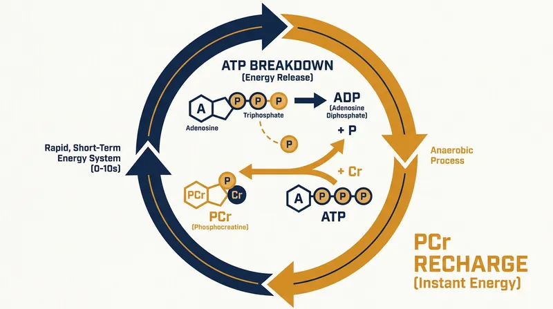 How creatine works: Phosphocreatine acts as a rapid-response backup battery, recycling spent ADP back into usable ATP energy.