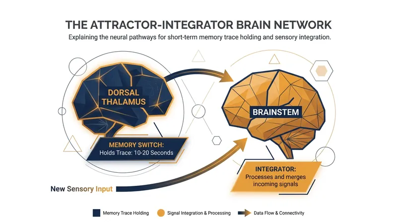 The thalamus maintains a stable memory of the past, while the brainstem integrates it with new sensory data.