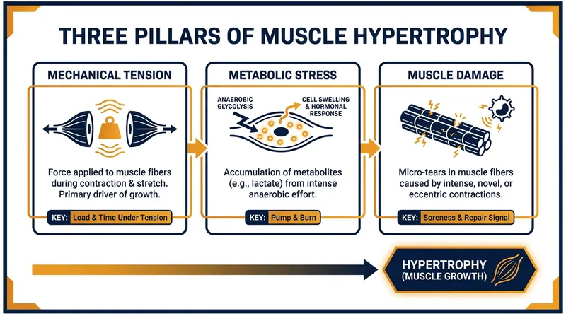 The three primary mechanisms that signal the body to build new muscle tissue.