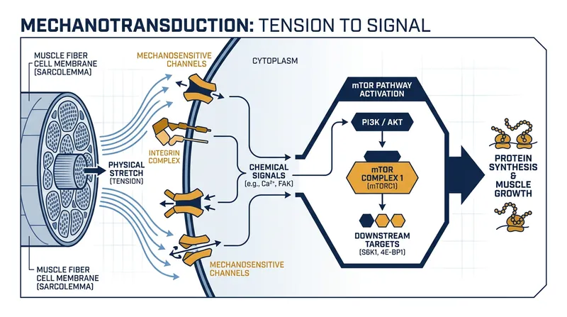 Mechanotransduction converts physical stretch into the chemical signals that initiate protein synthesis.