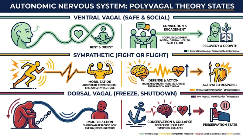 Polyvagal theory maps how our nervous system shifts between states of safety, mobilization, and shutdown.