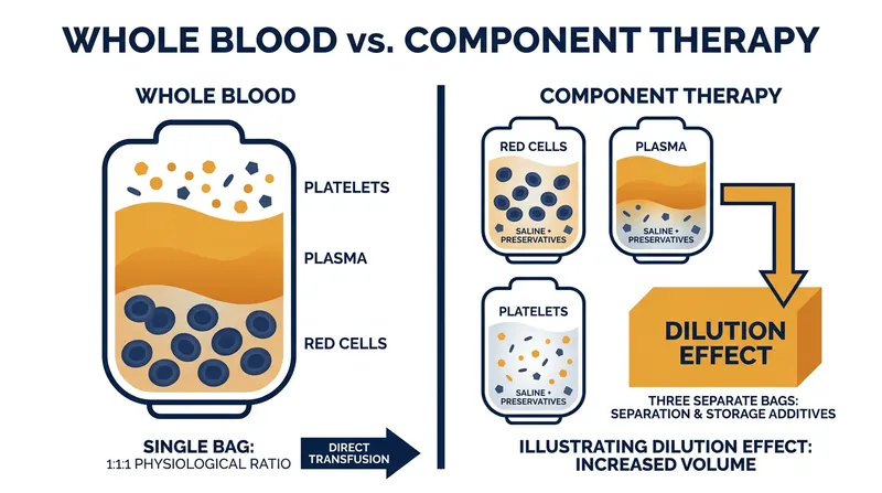 Whole blood delivers oxygen and clotting factors in a natural physiological ratio, avoiding the dilution caused by component therapy.