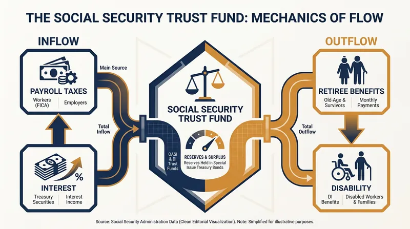 How the Social Security Trust Fund balances incoming tax revenues against outgoing benefit payments.