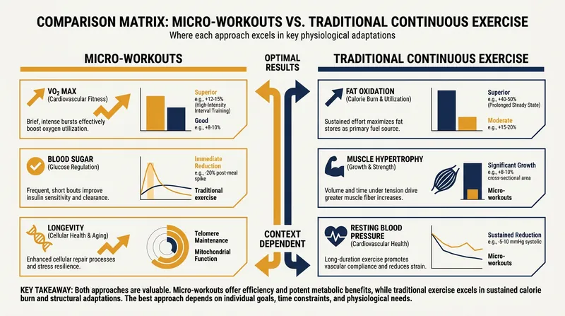 Micro-workouts are highly effective for metabolic health, but traditional exercise remains superior for weight loss and muscle growth.