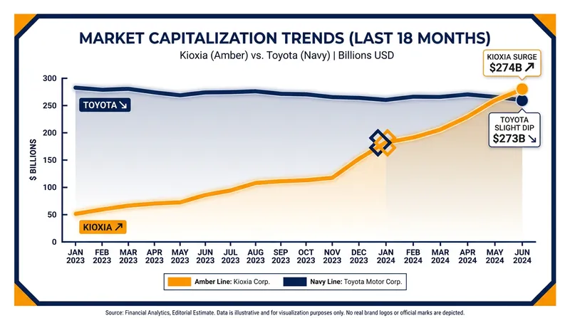 Kioxia's market capitalization surged past Toyota's in June 2026, driven by a 670% year-to-date rally.