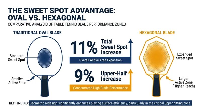 The angular geometry shifts the mass distribution, expanding the optimal hitting zone.