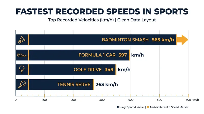 At 565 km/h, the badminton smash easily outpaces the top speeds recorded in other major sports and motorsports.