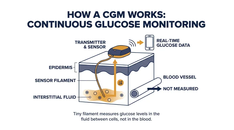 CGMs measure glucose in the interstitial fluid between cells, not directly in the bloodstream.