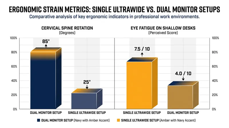 Ergonomic trade-offs: Dual monitors increase neck rotation, while ultrawides require deeper desks to prevent eye strain.