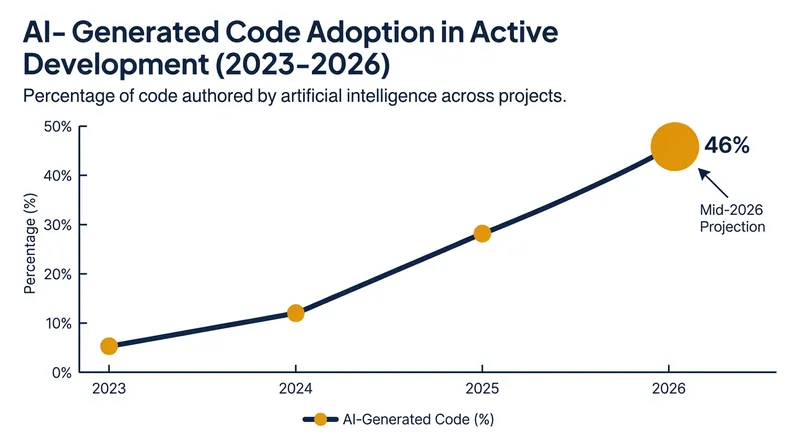 AI-generated code now accounts for nearly half of all code written by active developers.